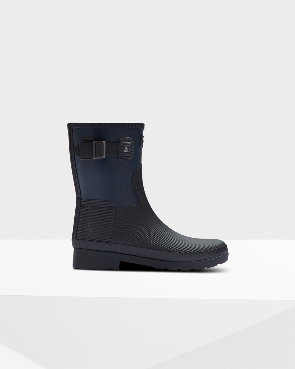 Womens Hunter Refined Texture Block Slim Fit - Short Rain Boots Navy/Black - 4506-ISFHZ